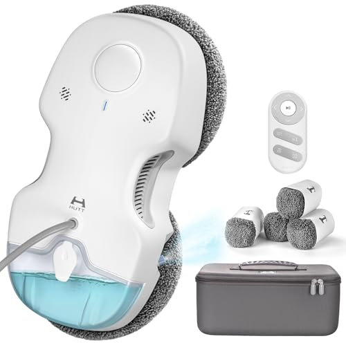 HUTT C65 Robot Limpiacristales con Tanque de Agua 80ML, Robot Limpieza de Ventanas 3800Pa, Control Remoto, para Todas Las Superficies Lisas, con 10 Mopas y Bolsa