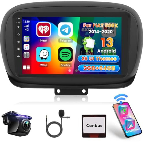 Hikity 2+64GB Autoradio Pantalla para FIAT 500X 2014-2020 Inalámbrico Carplay Android Auto, 9 Pulgadas Pantalla Táctil Estéreo Bluetooth con WiFi GPS EQ FM/RDS SWC Cámara Trasera