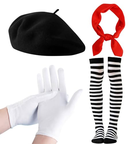 TUONYIS 4 Stück Pantomime Kostüm Damen Herren, Mime Kostüm Pantomime Kostüm Set Schwarz Baskenmütze, Tuch Rot, Strümpfe Schwarz Weiß Gestreift, Handschuhe für Halloween Kostüm, Faschingskostüme