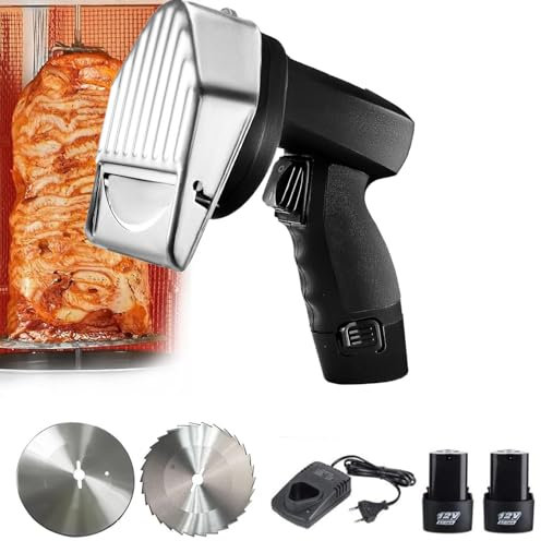 Cordless Shawarma Knife Handheld Gyros Knife Professional Turkish Kebab Slicer 3400 RPM Commercial Gyro Cutter with Two 3.93/100mm Blades 0-8mm Adjustable Thickness,Cordless