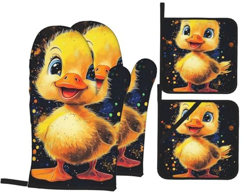 4 Pcs Yellow Duck Oven Mitts and Potholders,Kitchen Oven Glove with Pot Holders,Non-Slip Gloves High Heat Resistant 500 Degree for BBQ, Grill, Baking, Cooking, Oven, Microwave