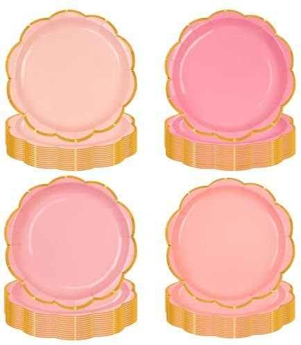 EVYIENEN 48pcs Dusty Pink Party Plates,7inch Disposable Gold Foil Gradient Color Scalloped Dessert Paper Plate for Party Bridal Baby Girl Shower Graduation Wedding Supplies