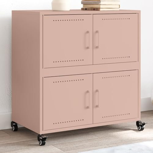 Makastle Meuble de Rangement avec 4 Portes et 4 Roues, Buffet en Métal Armoire de Rangement Armoire Métallique à Casier pour Salon Bureau Chambre, Rose 68,5x39x72 cm