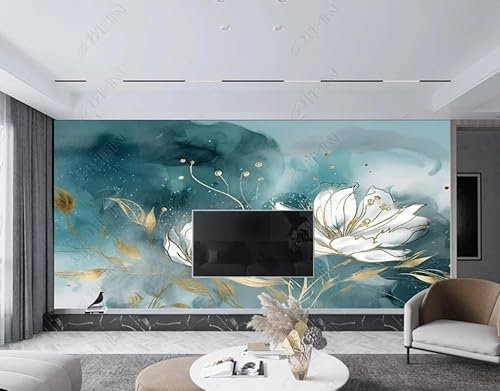 Papier Peint Intissé Fleurs D'Or À L'Encre Poster Tableaux Muraux Tapisserie Photo Trompe L'Oeil Salon Chambre Art Mural 150Cm(L) X105Cm(H)