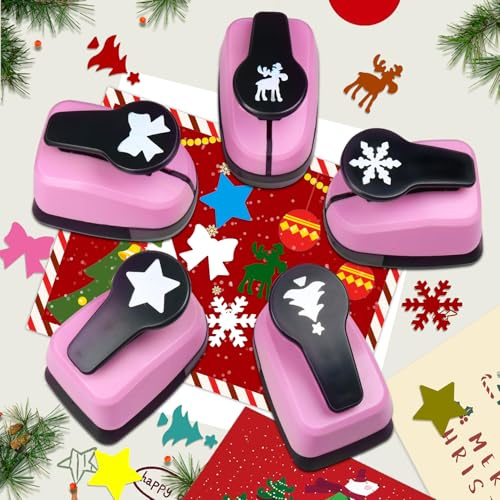 Weihnachts-Lochstanzer-Set, 5 Stück, verschiedene Formen, für Papierbastelarbeiten, 2,5 cm, Weihnachtsschneeflocken, Baum, Fliege, Elch, Stern, Stanzer für Scrapbooking, Geschenke, Festivalkarten