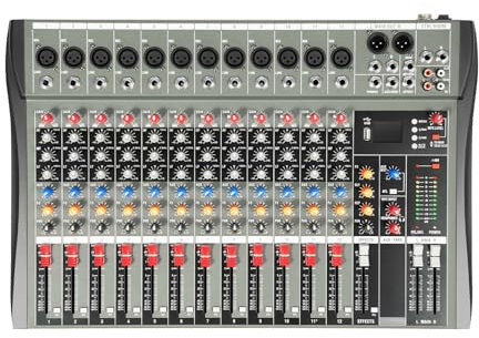 12 Channel Studio Audio Mixer 15W 12 DJ Sound Controller USB Interface 10m Bluetooth Connection 12 Channel DJ Controller Mixing Desk 72mm Fader Sliding Groove with Mic Interface