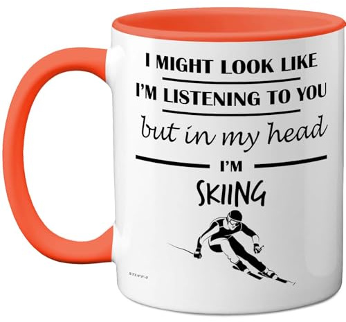 Stuff4 Skiing, in My Head Mug Orange Handle | Funny Gift for Skiing Lover Women and Men, 11oz Premium Ceramic Dishwasher Safe Mugs Novelty Cup