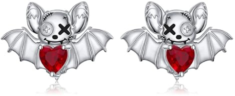 Gothic Bat Earrings 925 Sterling Silver Voodoo Doll Animal RubyHeart Cubic Zirconia Studs Goth Jewelry Halloween Birthday Gifts for Women Men