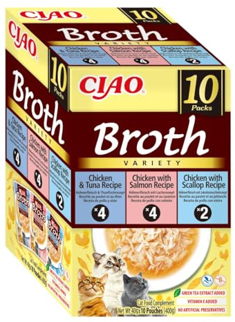 Ciao Broth by INABA Wet Cat Food - Chicken & Seafood Variety Pack (400g total) / Delicious & Healthy Snack, Food Topper, Side Dish, Complement, Natural, Grain Free, Wet Cat Food | Light Broth with Shredded Chicken, Supplement & Side Dish for Your Food, Premium Ingredients, Low Calorie