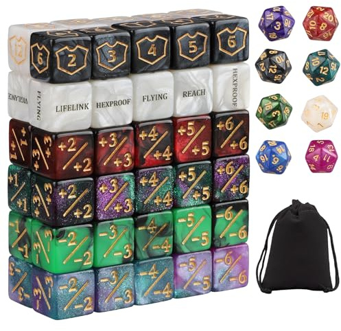 ORUZA 68 Stück MTG Würfel Zähler Set, Schlüsselwörter Leben +1/-1 Zähler, Schild Lebenszähler Commander Buff Tokens mit D20 Würfel für MTG TCG Kartenspiel Zubehör