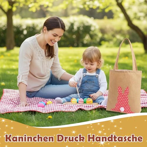 Scinzene 3 Stück Osterkörbchen für Kinder, Osternester zum Befüllen mit Plüschschwanz, Osterhasen Geschenktaschen Set aus Jute, Burlap Osterkorb für Eiersuche, Ostertüten zum Befüllen Groß