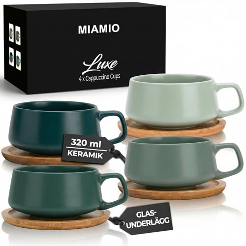 MIAMIO - Cappuccinotassen Set, Kaffee Tassen (4×280 ml) - Luxe (Evergreen) | Keramik Kaffeetassen mit Unterteller, breite Cappuccinotassen für Kaffee und Latte, 4er-Set Tee Tassen - spülmaschinenfest