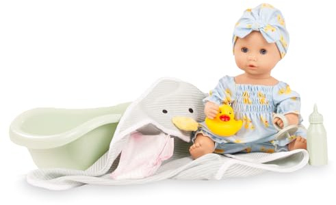 Götz 2653163 Sleepy Aquini Girl Set Little Duck Puppe 33 cm Badepuppe 9-TLG | für Kinder ab 3 Jahren, Babypuppe, ohne Haare, Hartkörper, blaue Schlafaugen, Trink-/Töpfchenfunktion, Badewanne und Badeente