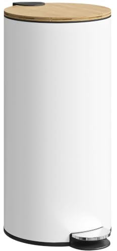 HOMCOM 30 Litre Pedal Kitchen Bin with Soft Close Lid White and Natural | Stay Open Lid, Rubbish Bin, Removable Inner Bucket, Kitchen, Office, Home