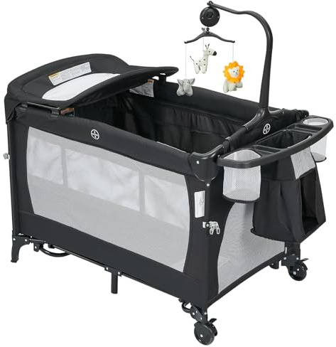 5-in-1 Babybett, Reisebett faltbar mit Rollen, Beistellbett Baby mit Matratze & Wickeltisch, Spieluhr & Hängespielzeug, 2 Ebenen Kinderbett, Stubenwagen mit Reisetasche, für Baby bis 15 kg (Schwarz)