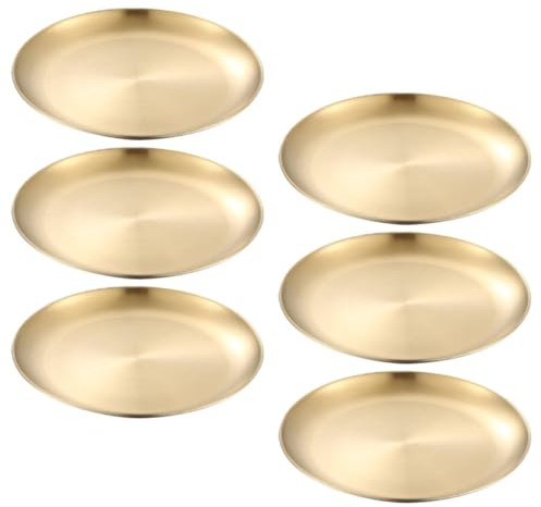 Abaodam Juego de 6 Platos Redondos de Acero Inoxidable Dorado Reutilizables Borde Liso para Picnic y Fiestas, Estilo Vintage E Industrial