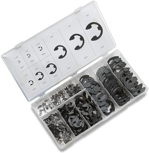NEIKO 50455A E-Clip Assortment Set | 300 PCS, 9 SAE Sizes, Heat Treated External Retaining Clips, 1/16 - 7/8 Inch | High Carbon Steel Circlip Kit, Anti Walk Washers, Retaining Rings