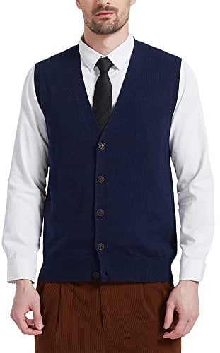 Kallspin Gilet Cardigan da Uomo con Scollo a V e Bottoni in Misto Lana(Blu Navy,L)