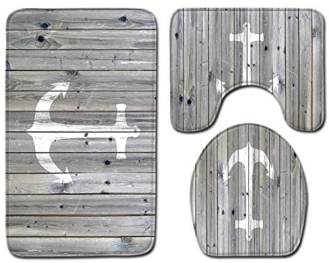 Shinewe 3-teiliges Badezimmerteppich-Set mit WC-Vorleger, rutschfeste Badematte, WC-Deckelbezug, WC-Vorleger-Set (grauer Anker)