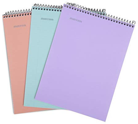 Mintra Office Notizbücher mit Spiralbindung, robust, für Linkshänder, 100 Blatt, feuchtigkeitsbeständiger Einband, Schule, Büro, Geschäft, Profis (Lavendel, Lachs, College liniert), 3 Stück
