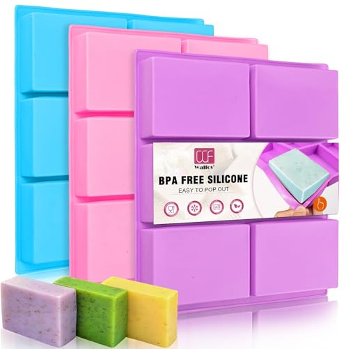 Walfos Silicone Soap Molds Set of 3, 6 Cavities Rectangle Silicone Soap Molds for Homemade Craft Soap, Cake Mold, Chocolate Mold & Ice Cube Tray(Blue & Purple & Pink)