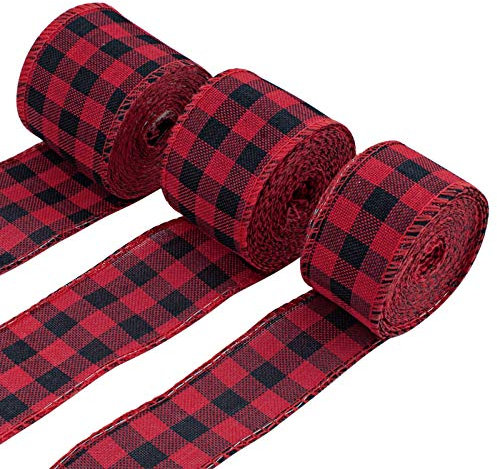 WANDIC - Nastri natalizi con bordo metallico, 3 rotoli di nastro a quadri nero rosso per confezioni regalo, fiocchi floreali, decorazioni per albero di Natale, 6 metri/rotolo