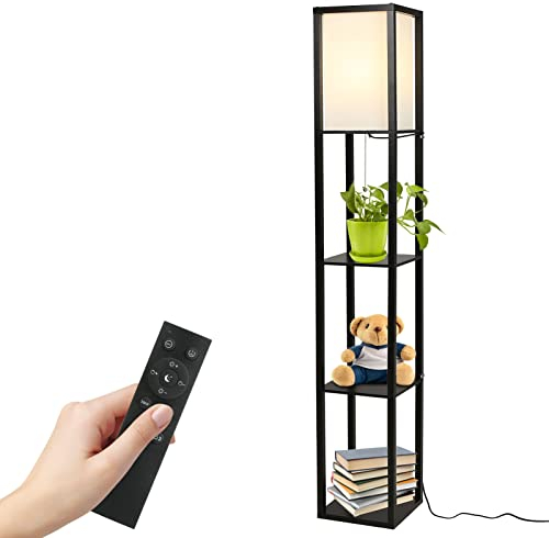 Stehlampe Wohnzimmer 1,6M 15W - Schwarze Stehlampe mit Regal, Fernbedienung und eine E27-LED-Lampe, Stehlampe Dimmbar 3000-6500K einstellbar, Stehlampe Vintage für Schlafzimmer, Büro, Wohnzimmer, Flur