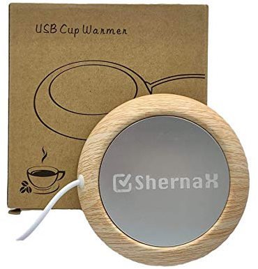 SHERNAX Calentador de Tazas de Café. Calienta Taza USB Calentador de Bebidas Portátil con Temperatura hasta 80℃ Calienta Tazas de Té, Café, Leche (Madera Clara)