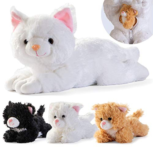 Plüsch-Katzenspielzeug mit Reißverschlussbeutel und 3 kleinen Plüsch-Baby-Kätzchen, Plushlings-Kollektion, weiches Stofftier-Spielset, tolles Geschenk-Set für Jungen und Mädchen, Gastgeschenke