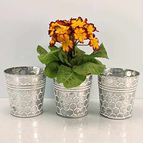 OF 3 Silberne Blumentöpfe aus Metall im Set mit Wabenmuster - Kräutertopf Blumentopf rund (3er Set Mittel P66), Silber/Weiß