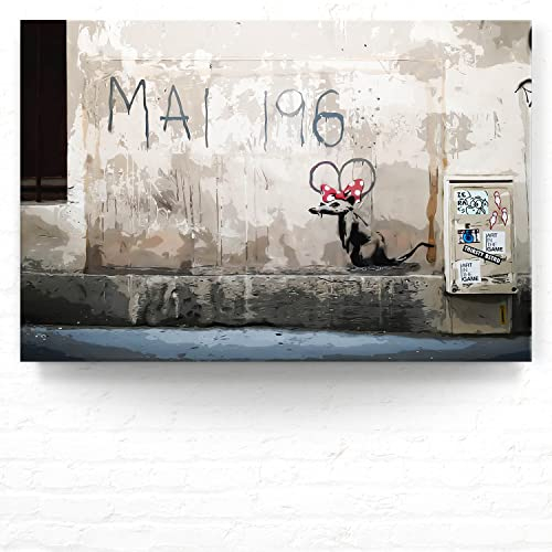 Banksy Bild als Leinwand Wandbild, Mickey the Rat 90x60cm cm groß dargestellt, Street Art Banksy-Style als Kunstdruck zur Wand-Deko. Banksy Bilder als Leinwand für Wohnzimmer, Büro