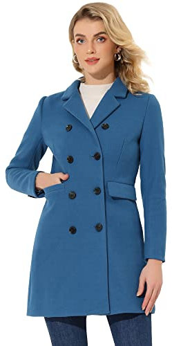 Allegra K Damen Langarm Wintermantel Umlegekragen Zweireiher Kammgarn Trenchcoat Mantel Blau Grau S