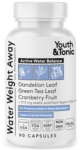 Youth & Tonic Water Pills for Fluid Retention – Water Weight Away Natural Diuretic for Bloat Relief & Fluid Balance, Support for Swollen Legs & Feet with Potassium & Vitamin B6 – 90 Pills