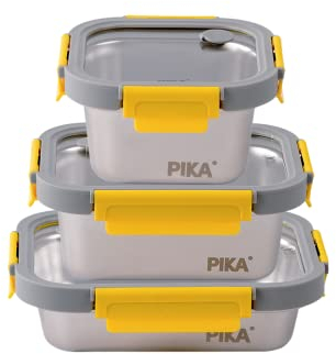 PIKA - Lot de 3 boites alimentaires en inox et couvercle en verre trempé - 600ml + 800ml + 820ml - Compatible micro-ondes - MetalShock