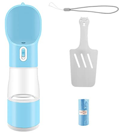 Jikoiuty - Botella portátil para perro, botella de viaje, 4 en 1, impermeable, para perro, con recibidor de alimentos, pala y bolsa de basura (azul)