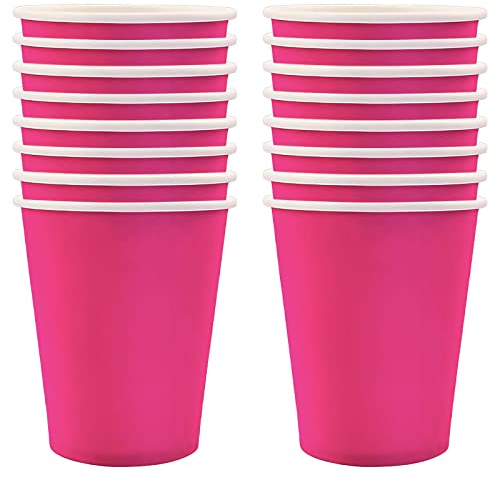 16 vasos de papel rosa intenso para fiesta, decoración de vajilla de papel rosa rosa, vasos de papel de 7 onzas, vasos de papel de color rosa rojo rosa para niños y adultos, suministros de decoración