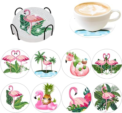 8 Stück Sommer Flamingo Diamant Untersetzer mit Halter DIY Sommer Flamingo Diamant Kunst Untersetzer Niedlich Diamant Kunst Untersetzer für Anfänger Erwachsene Kunst Handwerk Zubehör als Geschenk