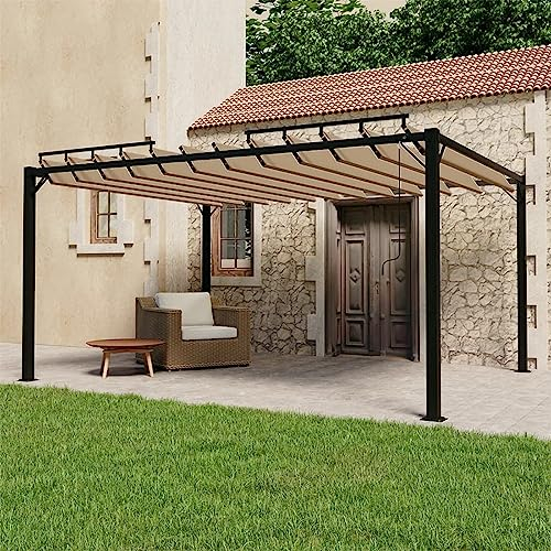 Homgoday Pavillon mit Verstellbarem Lamellendach Pergola mit Schiebedach Pavillon Gartenzelt Terrassendach Gartenpavillon Sonnendach für Garten Terrasse 3x4 m Taupe Stoff und Aluminium