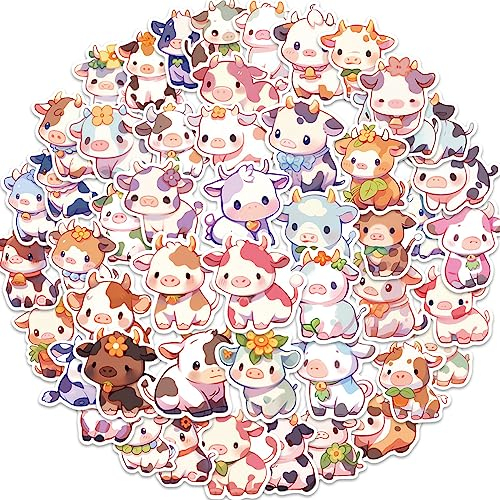 Regenbogen Kuh Aufkleber 50 Stück Wasserdicht Cartoon Tier Aufkleber für Skateboard Scrapbook Laptop Auto Fahrrad Gepäck Motorrad,Ästhetische Niedliche Bunte Cow Aufkleber für Jugendliche Kinder