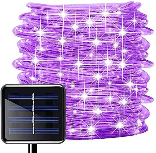 LIQS Luci a Corda Solare,8 Modi Luci del Cavo Metallico di Rame,Luci di Natale Impermeabili Della Corda del LED,Luci Fatine per Tubi Esterni per la Decorazione (5M/50LED, Viola)