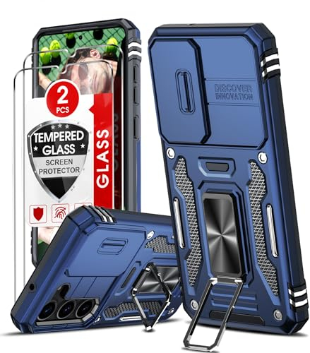 LeYi Objektivschutz Hülle für Samsung Galaxy S23 Ringhalterung Handyhülle [2 Schutzglas Folie], Kammeraabdeckung Schutzhülle Outdoor Kratzfest Case Metallständer Halter S23 5G Handy Hüllen Blau