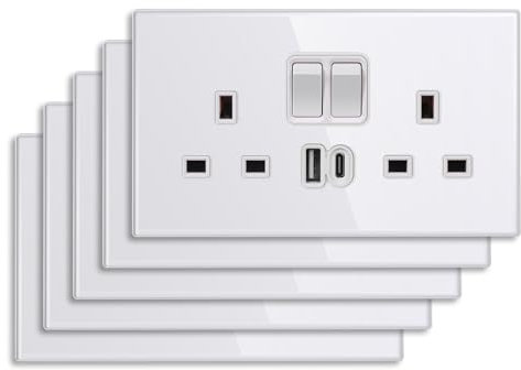 CNBINGO Double Switched Socket with 20W PD USB C and A Fast Charging Ports, Electric Power Sockets 2 Gang 13 Amp, Wall Outlet White Tempered Glass Panel, 5 Pack