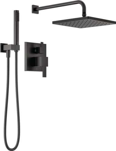 Delta Modern 14 Series Square Rain Shower System Faucet Set, Rainfall Matte Black Shower Head and Handle Set, Valve Trim Kit, 10 Inch, Matte Black 342701-BL