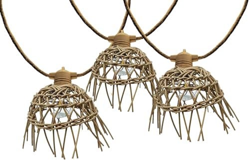 Lichterkette für den Außenbereich, 10 exotische Lampenschirme, Stroh, Mini Hawaii, Hybrid, LED, warmweiß, 6 m, solarbetrieben und auf Netzanschluss
