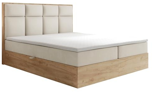 TRADA Boxspringbett 160x200 cm - mit Bettkasten und Taschenmatratze - Selva - Bett mit Topper - Boxspringbett mit Holzelemente - Weiß