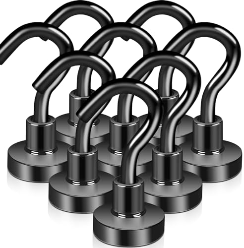 Keukenket Ganci magnetici extra forti, neri al neodimio, con gancio, 8 pezzi, 16 mm, magnetici, per porte in ferro, frigoriferi, cucine, scaffali per vestiti, ufficio, nero