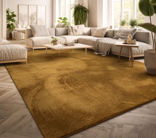 TT Home Wohnzimmer Teppich Kurzflor Anti-Rutsch Rückseite Unifarben Modern Waschbar, Farbe: Dunkelgelb Senfgelb, Größe:80 cm Rund