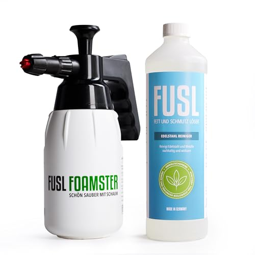 FUSL Edelstahlreiniger Set 1Liter plus FOAMSTER Schaumkanone | Effektiv gegen Fett & Schmutz | Streifenfreier Glanz | Für Edelstahl, Aluminium, Chrom in Haushalt, Küche, Handwerk & Gastro