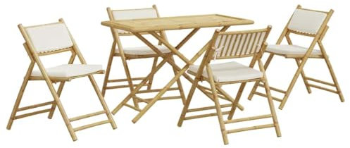 vidaXL Bistroset 5-TLG., Balkonmöbel Klappbar mit Cremeweißen Kissen, Bistrotisch Klapptisch 4 Klappstühle, Gartenmöbel Garnitur Balkonset Sitzgruppe, Bambus