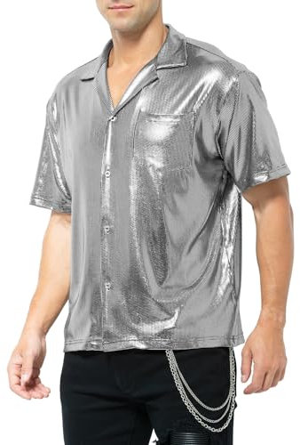 Casey Kevin Men's Short Sleeve Shirts Metallic Shiny Collared Nightclub Button Down Shirts CK3406 Silver XX-Large